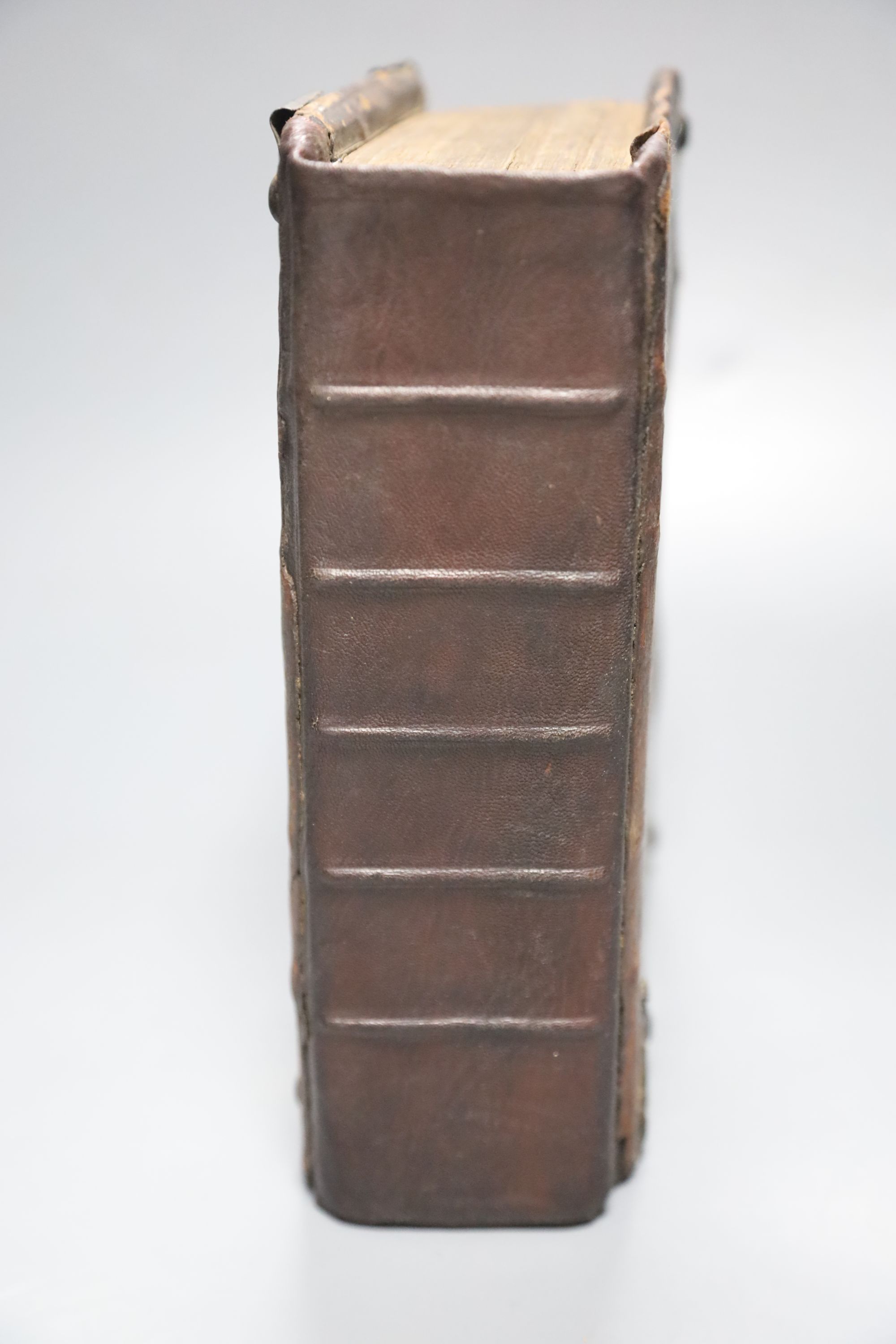 Bible in English - [Bible], qto, contemporary embossed calf, rebacked, black letter, double column, lacking general title and early pag